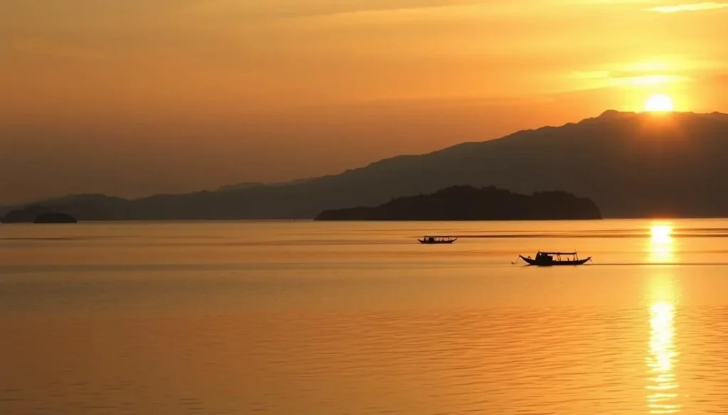Sunset over Lake Singkarak with silhouettes of mountains and traditional boats Sunset over Lake Singkarak with silhouettes of mountains and traditional boats