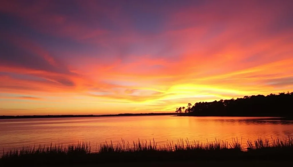 Sunset over Lake Talquin with silhouettes of cypress trees Sunset over Lake Talquin with silhouettes of cypress trees