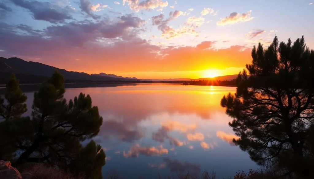 Sunset over Lake Tiguelmamine in Khenifra National Park with silhouettes of cedar trees