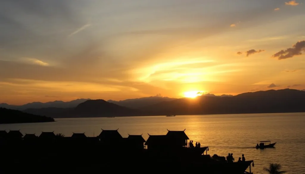 Sunset over Lake Toba with silhouettes of traditional Batak houses and boats on the water