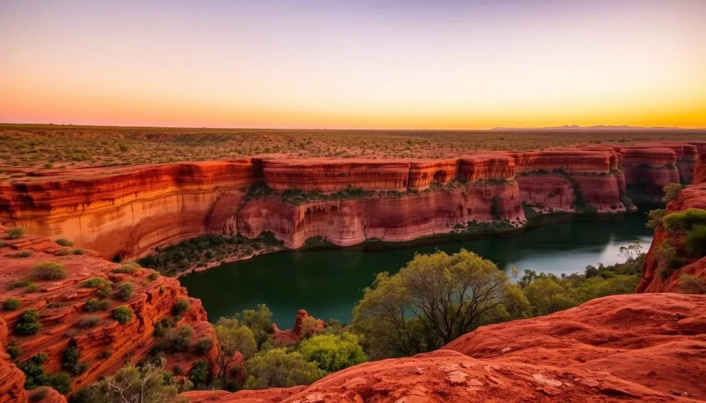 Sunset over Lawn Hill Gorge in Boodjamulla National Park during the dry season with clear skies