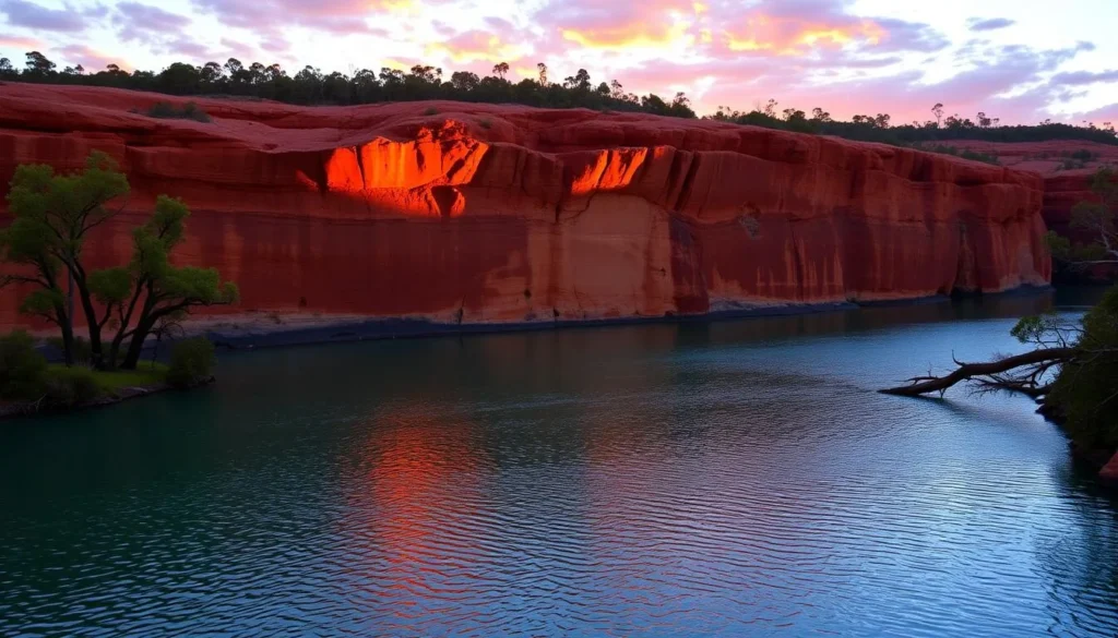 Sunset over Lawn Hill Gorge with golden light illuminating the red sandstone cliffs and calm waters