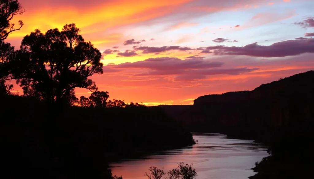 Sunset over Lawn Hill Gorge with silhouettes of trees against orange and purple sky