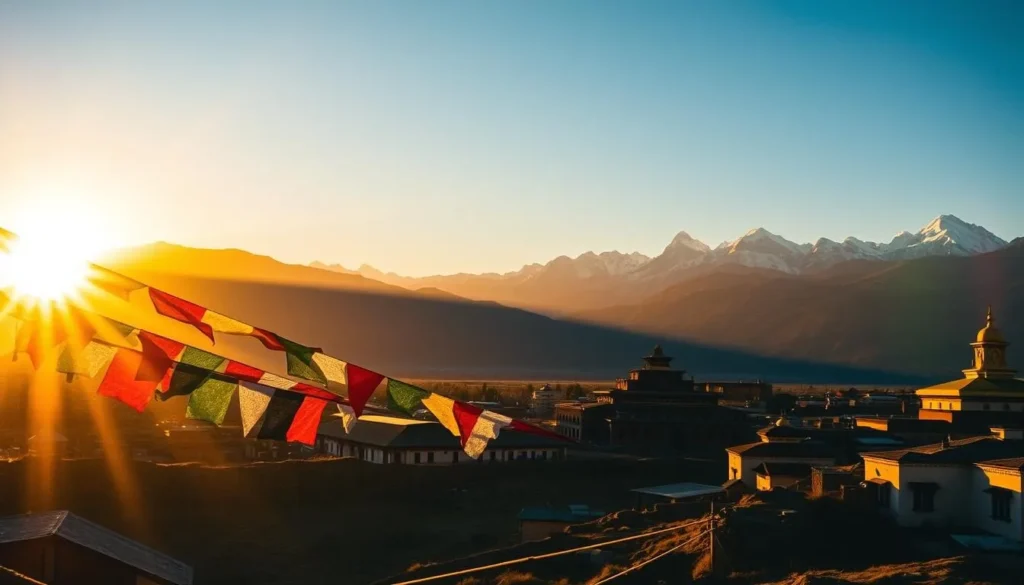 Sunset over Leh with golden light on prayer flags, ancient monasteries, and snow-capped Himalayan peaks in the distance