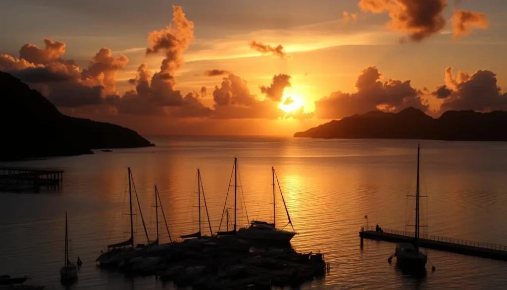 Sunset over Les Anses d'Arlet in Martinique with boats in the harbor - perfect ending to a day of Martinique things to do