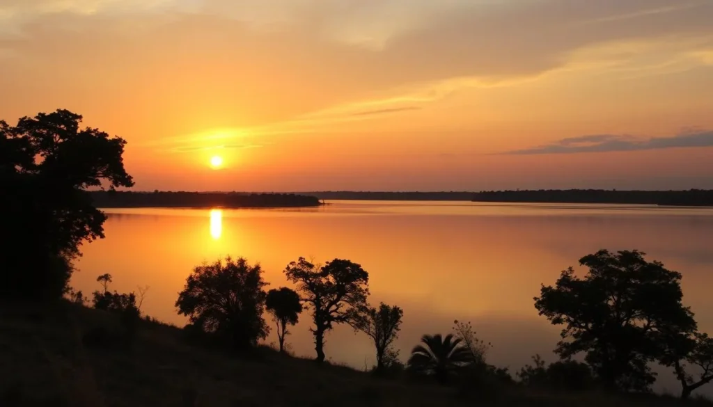 Sunset over Maduru Oya reservoir with silhouettes of trees and wildlife