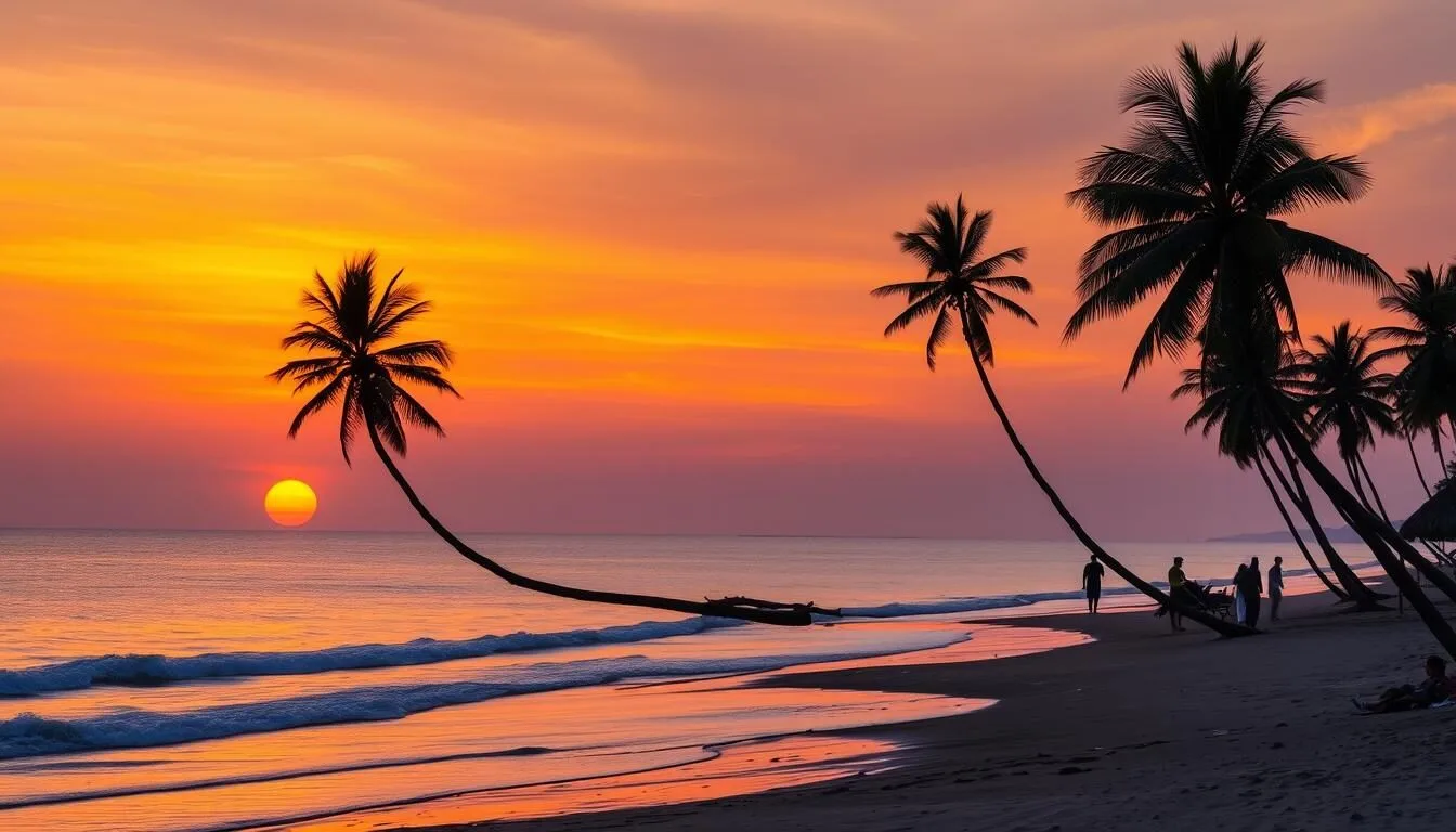 Sunset over Mahajanga's beach during the dry season with palm trees silhouetted against an orange sky