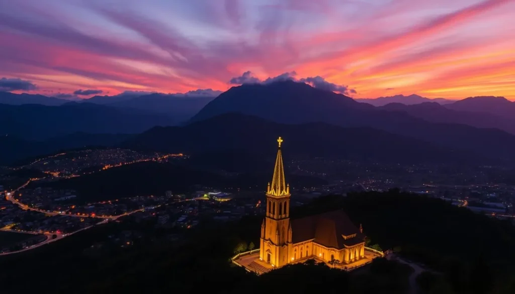 Sunset over Manizales with the illuminated cathedral and city lights beginning to twinkle against the mountain backdrop