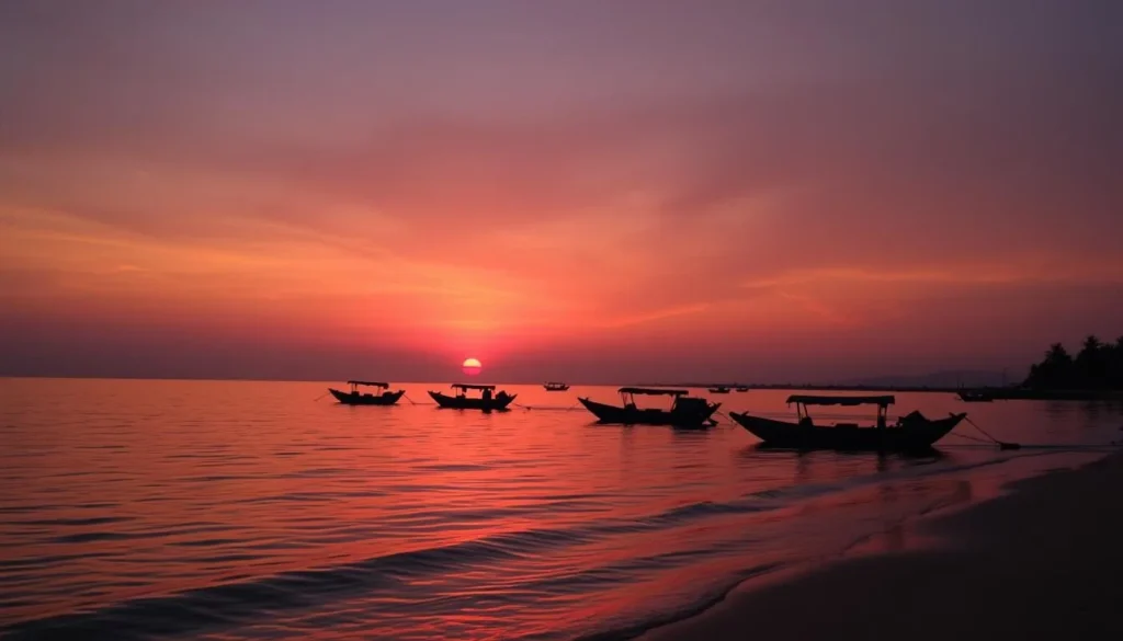 Sunset over Mannar Island with fishermen returning with their boats