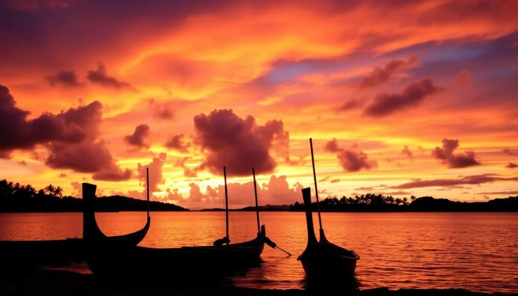 Sunset over Mata Utu bay with traditional outrigger canoes silhouetted against the colorful sky