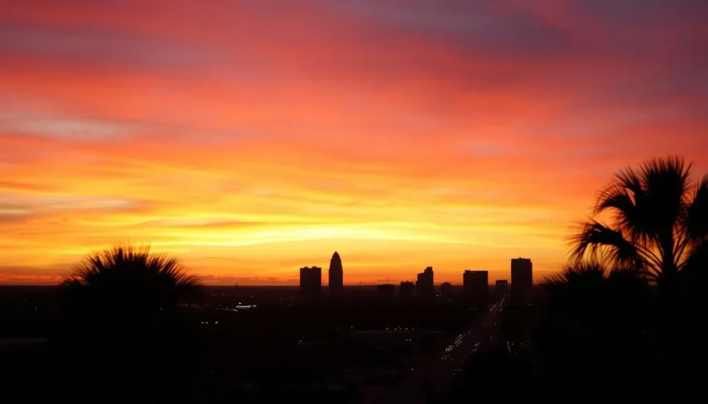 Sunset over McAllen Texas skyline with palm trees