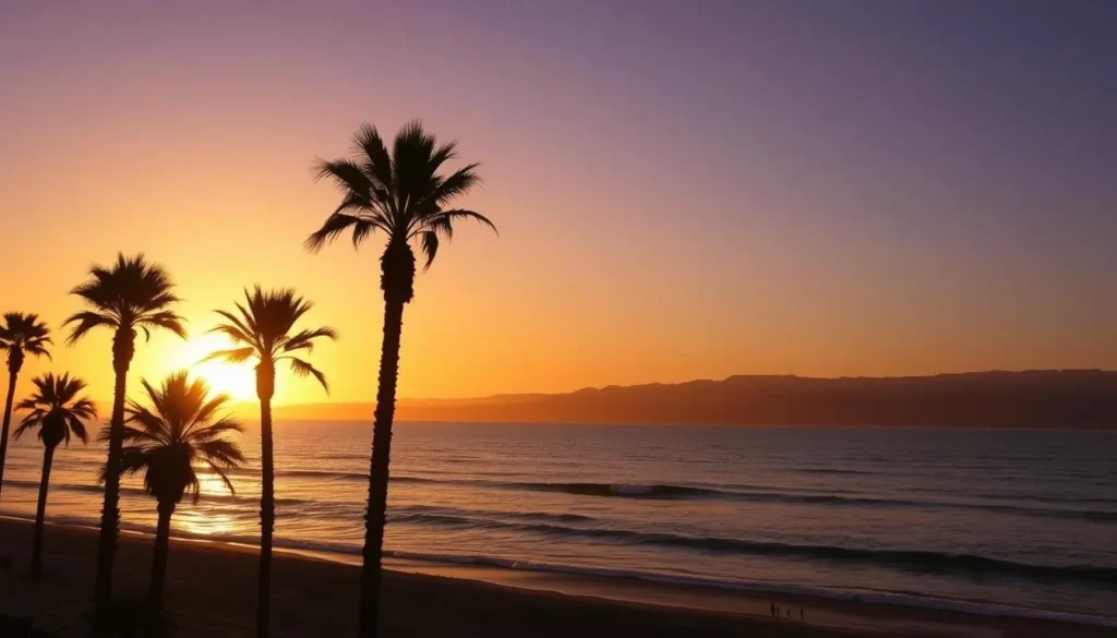 Sunset over M'diq Morocco beach with silhouettes of palm trees and Mediterranean Sea