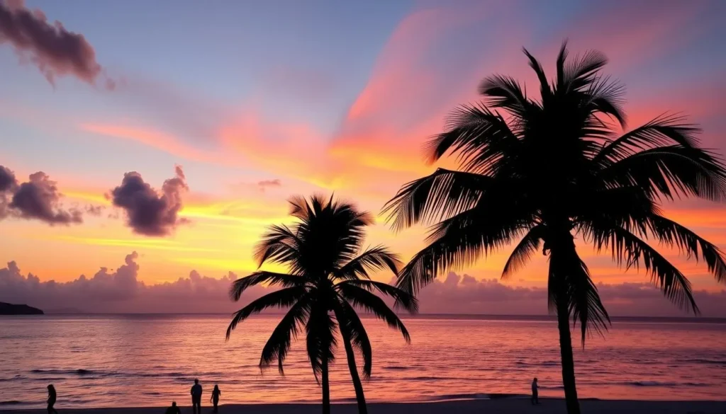 Sunset over Meads Bay with silhouettes of palm trees