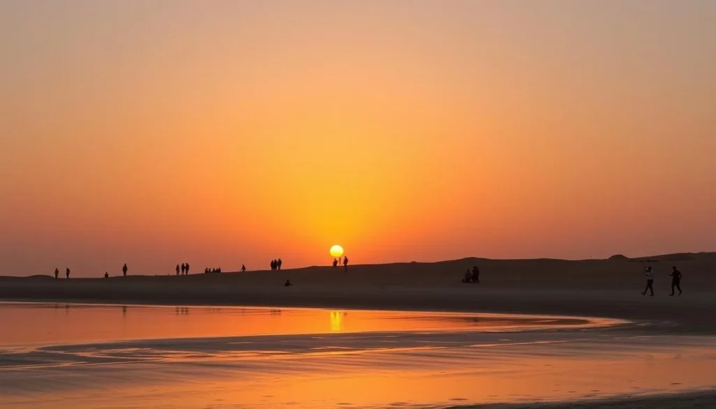 Sunset over Mesaieed beach with silhouettes of people enjoying the view