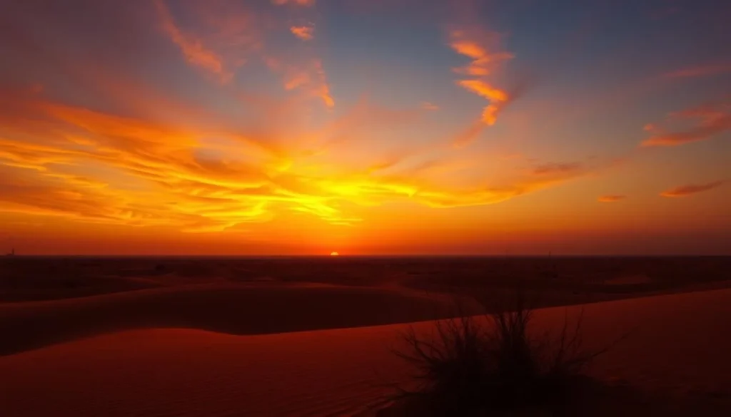 Sunset over Mesaieed desert with beautiful orange and red sky
