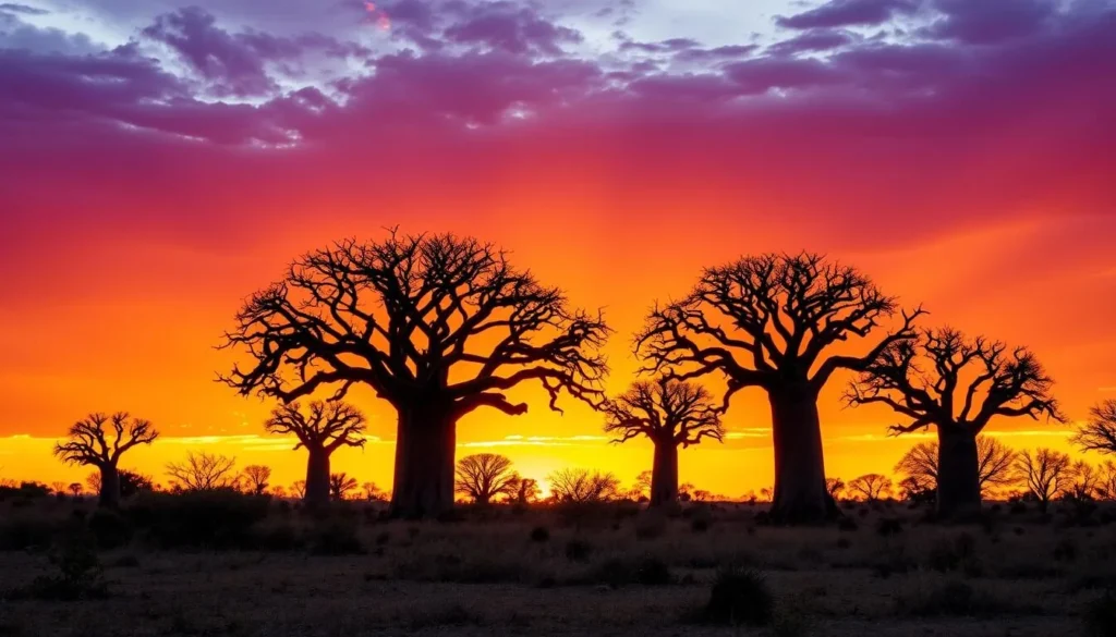Sunset over Mikea National Park during the dry season with baobab trees silhouetted against the orange sky