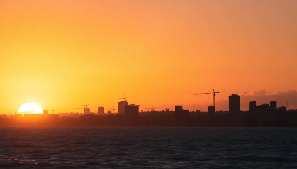 Sunset over Mogadishu skyline with the Indian Ocean in the foreground, Somalia best things to do Sunset over Mogadishu skyline with the Indian Ocean in the foreground, Somalia best things to do