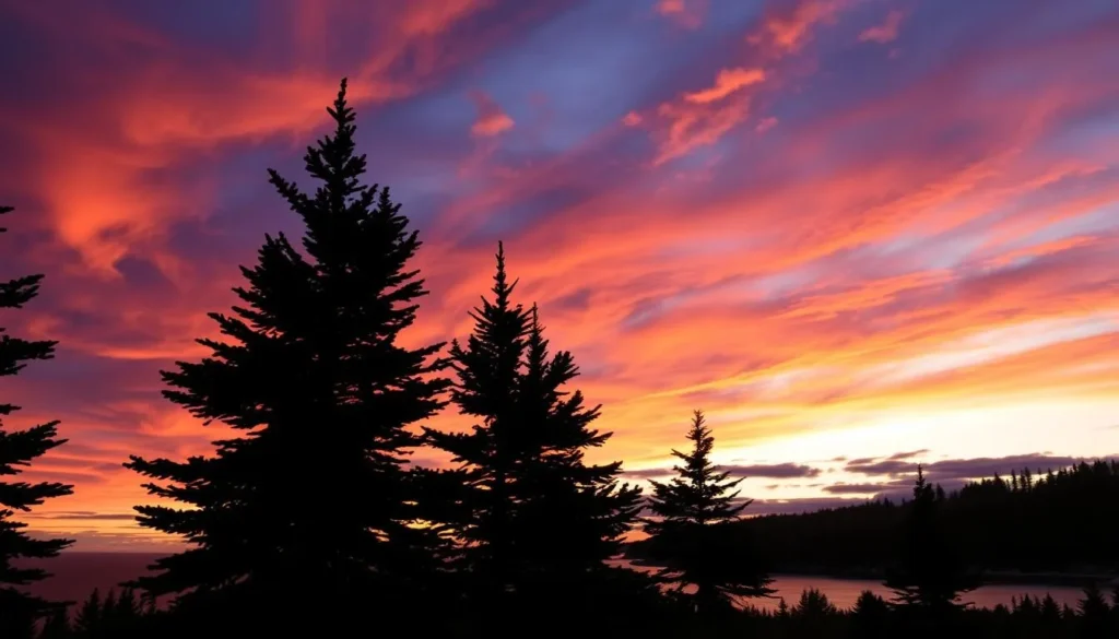 Sunset over Monhegan Island with silhouettes of spruce trees against orange and purple sky Sunset over Monhegan Island with silhouettes of spruce trees against orange and purple sky