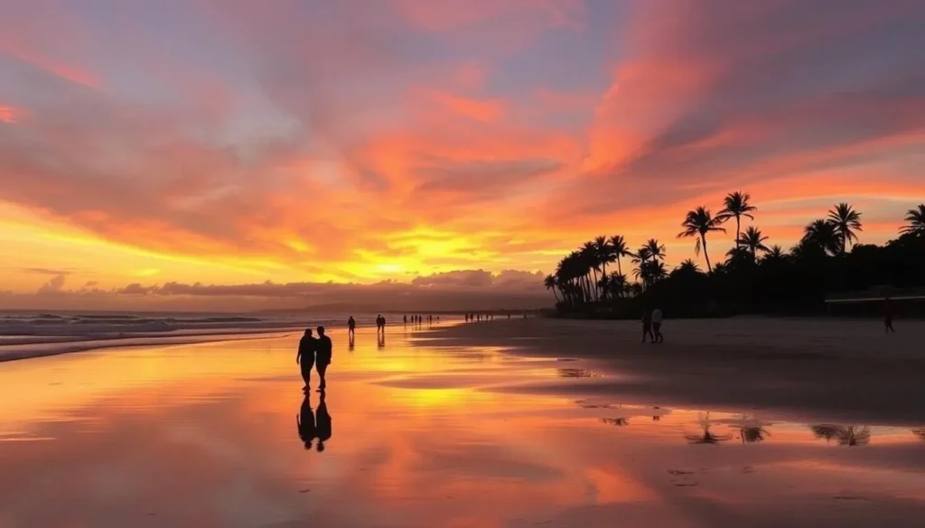 Sunset over Mooloolaba Beach with people walking along the shore