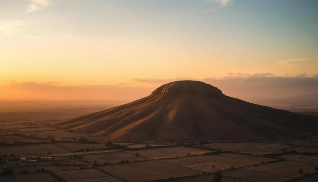 Sunset over Mount Tabor with golden light illuminating the dome-shaped mountain