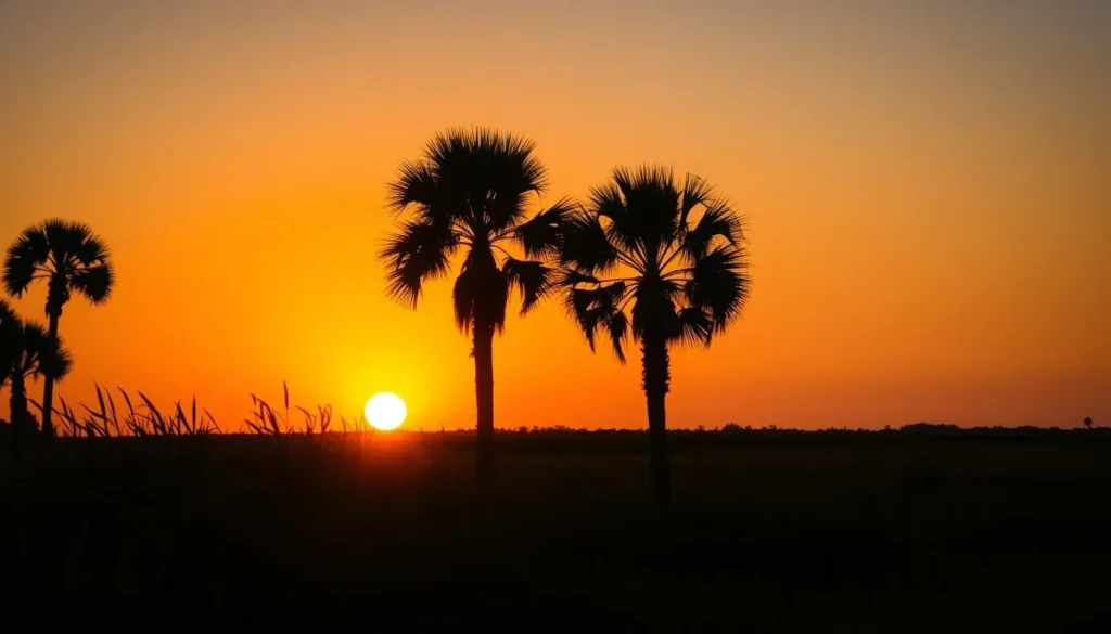 Sunset over Murrells Inlet salt marsh with silhouettes of palm trees
