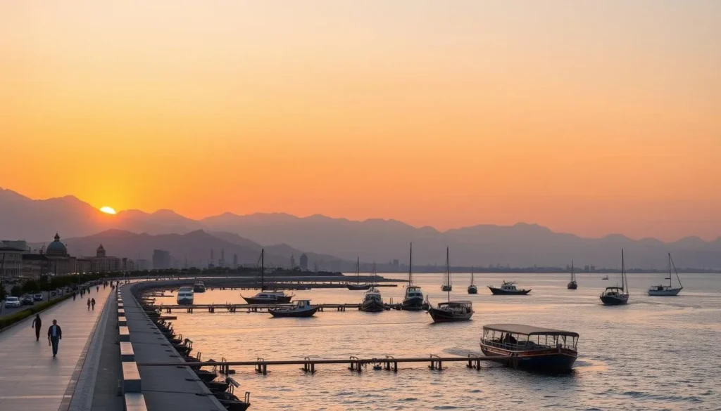 Sunset over Mutrah Corniche in Muscat with mountains and harbor Sunset over Mutrah Corniche in Muscat with mountains and harbor