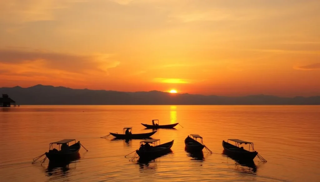 Sunset over Nam Theun 2 Reservoir with silhouettes of fishing boats returning home against an orange and purple sky