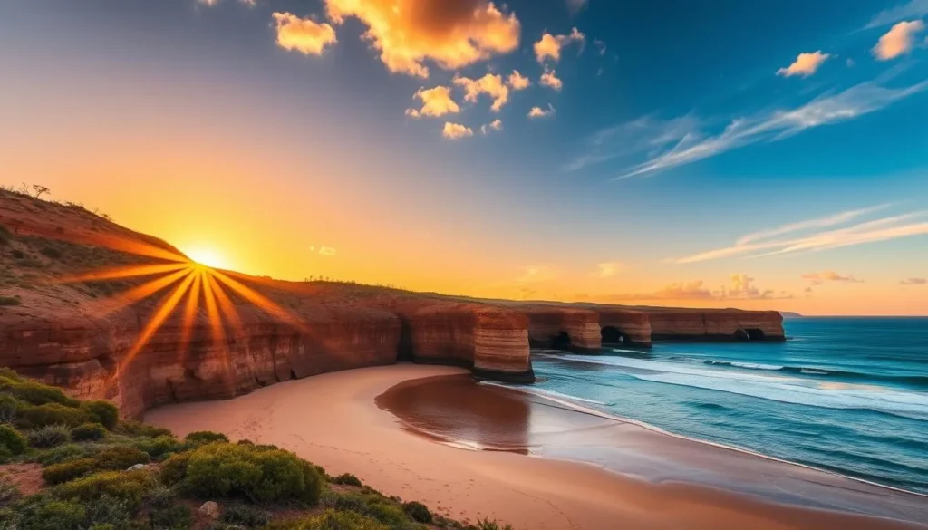 Sunset over Nhulunbuy beach during dry season with red cliffs and turquoise waters, Northern Territory things to do