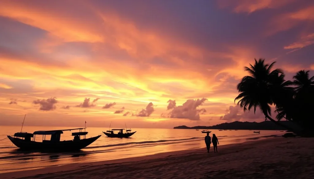 Sunset over Nilaveli Beach with silhouettes of palm trees and traditional fishing boats