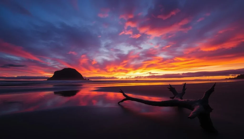 Sunset over North Beach in Haida Gwaii with silhouettes of Tow Hill and driftwood on the beach