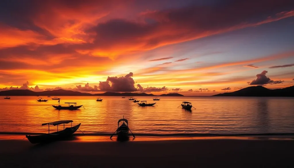 Sunset over Nosy Ve-Androka National Park beach with silhouettes of fishing boats returning to shore