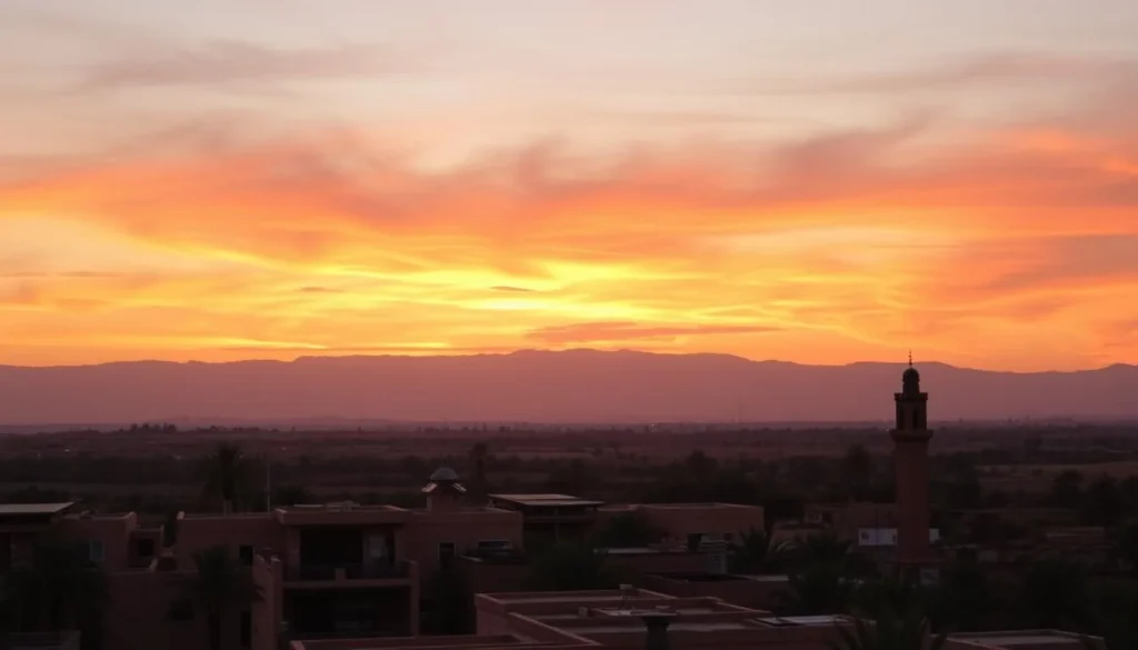 Sunset over Oulad Teima with Atlas Mountains silhouette in background
