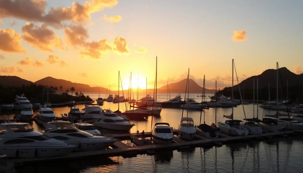Sunset over Oyster Pond Marina with yachts and the surrounding mountains