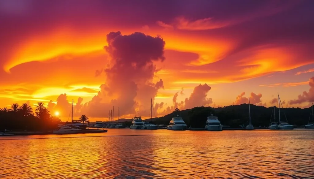 Sunset over Oyster Pond with silhouettes of palm trees and yachts in the marina