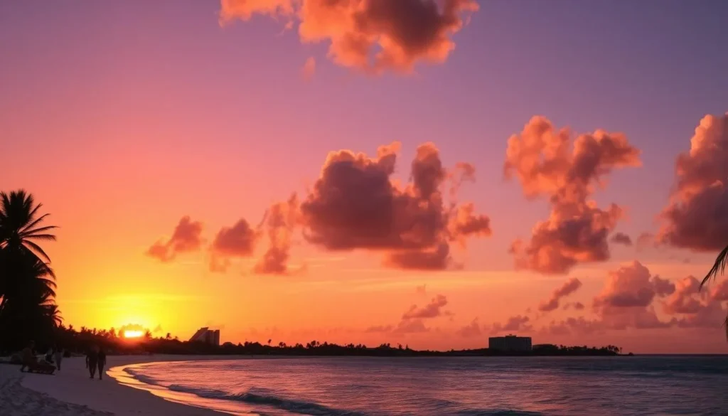 Sunset over Palm Beach in Noord, Aruba with silhouettes of palm trees
