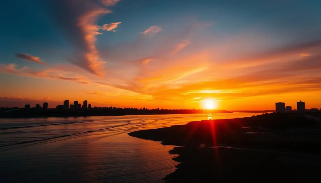 Sunset over Paraná River in Rosario with city skyline Sunset over Paraná River in Rosario with city skyline