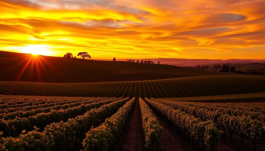 Sunset over Paso Robles vineyards with golden light illuminating the landscape