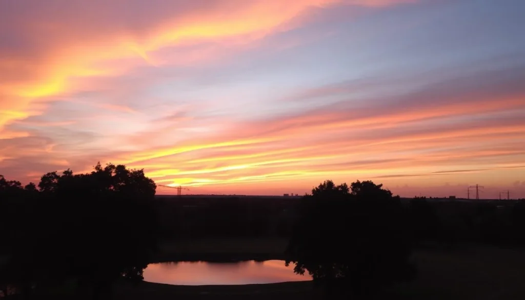 Sunset over Pearland park with skyline in distance