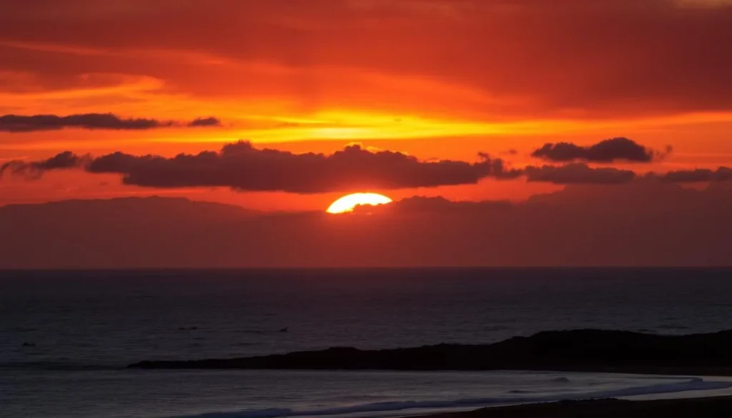 Sunset over Peninsula Valdes Argentina coastline with wildlife silhouettes