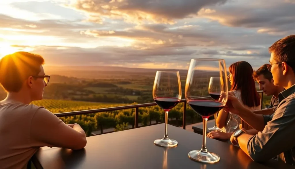 Sunset over Pokolbin vineyards with people enjoying wine on a terrace Sunset over Pokolbin vineyards with people enjoying wine on a terrace