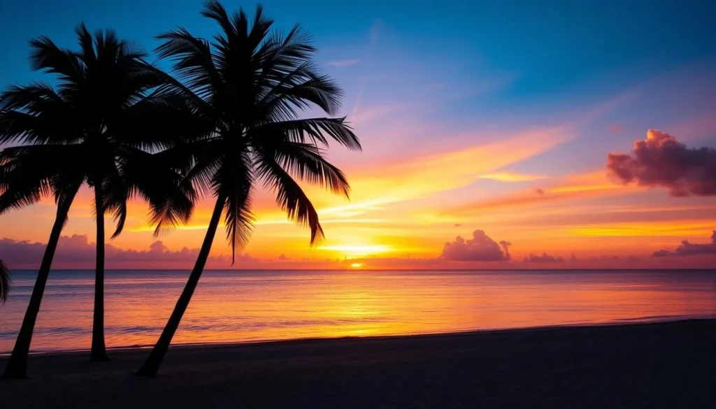 Sunset over Punta Cana beach with palm trees silhouettes and colorful sky