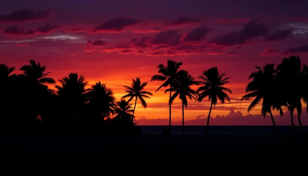 Sunset over Ramena Beach near Antsiranana (Diego Suarez), Madagascar with palm trees silhouetted against an orange sky Sunset over Ramena Beach near Antsiranana (Diego Suarez), Madagascar with palm trees silhouetted against an orange sky