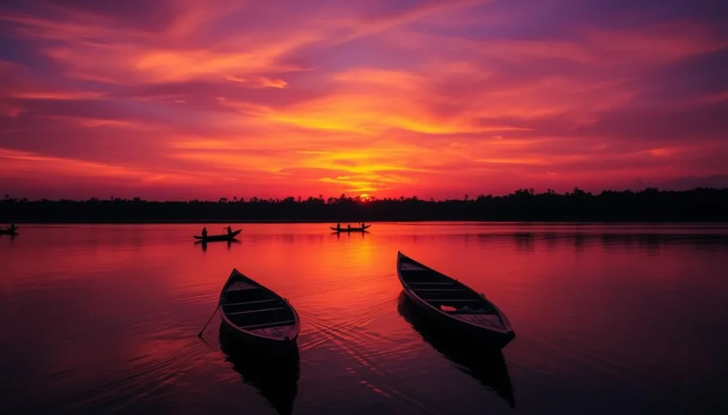 Sunset over Rio Beni with traditional boats silhouetted against the colorful sky in Rurrenabaque