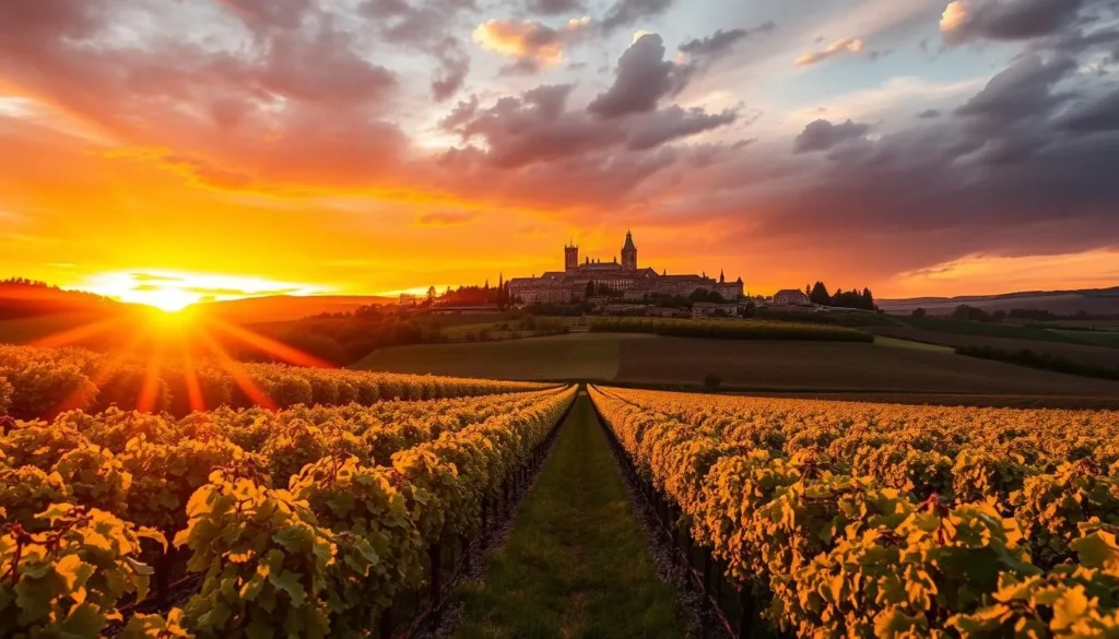 Sunset over Saint-Emilion vineyards with the medieval village silhouette Sunset over Saint-Emilion vineyards with the medieval village silhouette