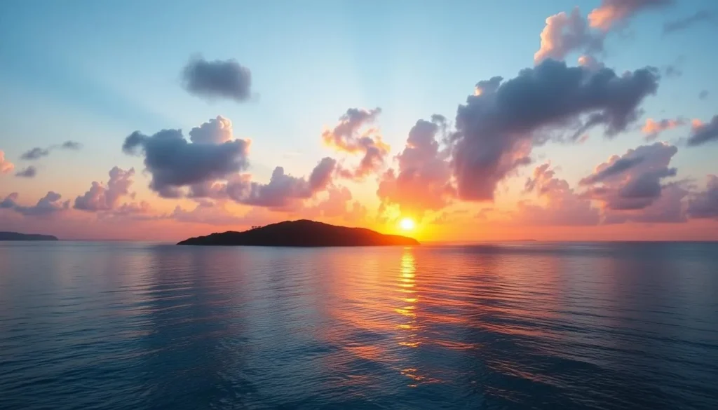 Sunset over Salt Island's coastline with golden light reflecting on calm waters