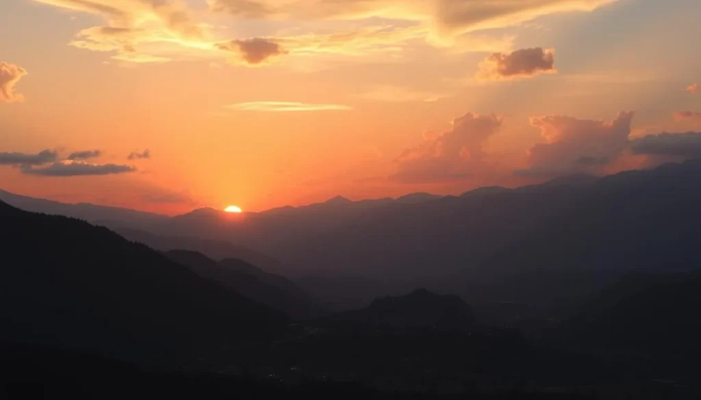 Sunset over Samaipata valley with golden light illuminating the mountains and town