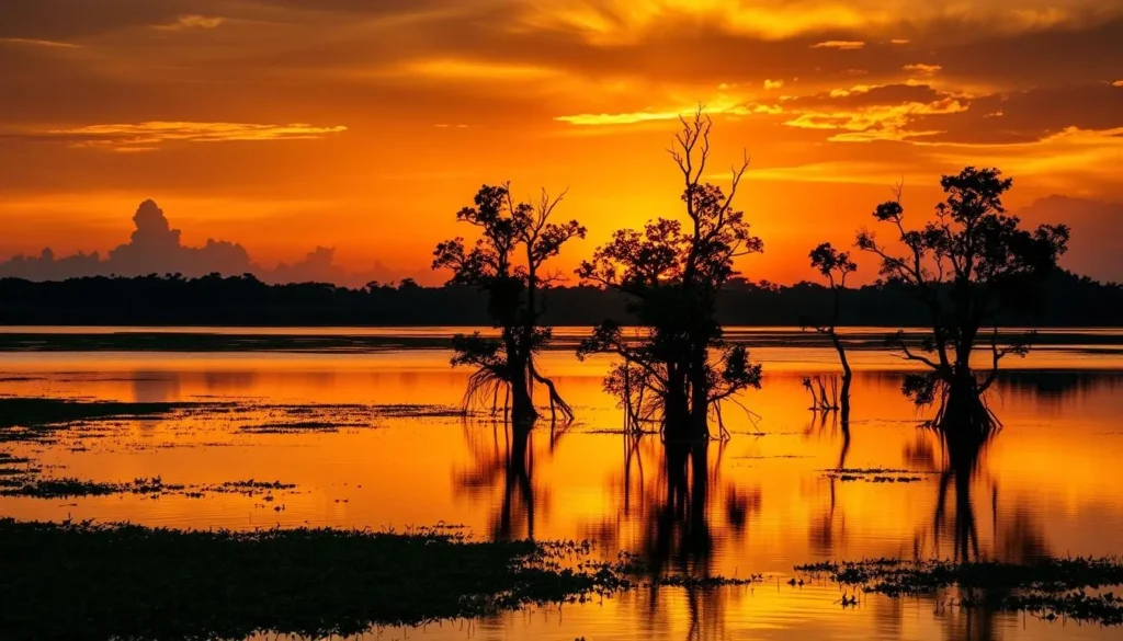 Sunset over Sarstoon-Temash National Park with silhouettes of mangroves
