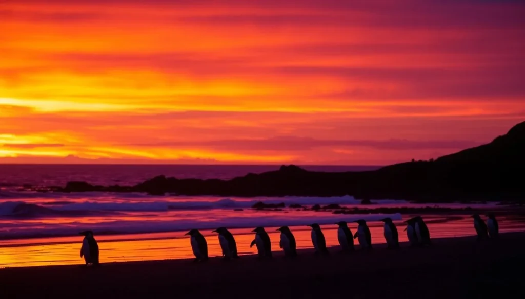 Sunset over Sea Lion Island with silhouettes of penguins returning from the sea