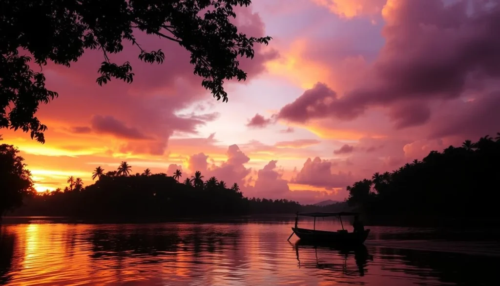 Sunset over Sekonyer River with silhouettes of trees and a klotok boat in Tanjung Puting