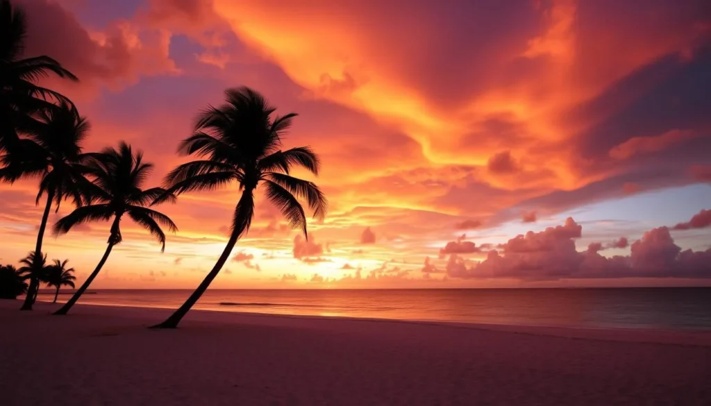 Sunset over Seven Mile Beach in Grand Cayman with silhouettes of palm trees